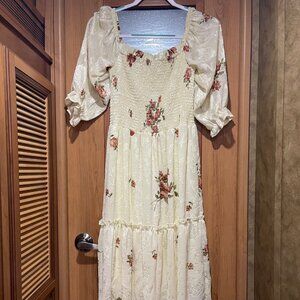 Wild Moss Cream and Rose Smocked Midi Dress size M NWOT